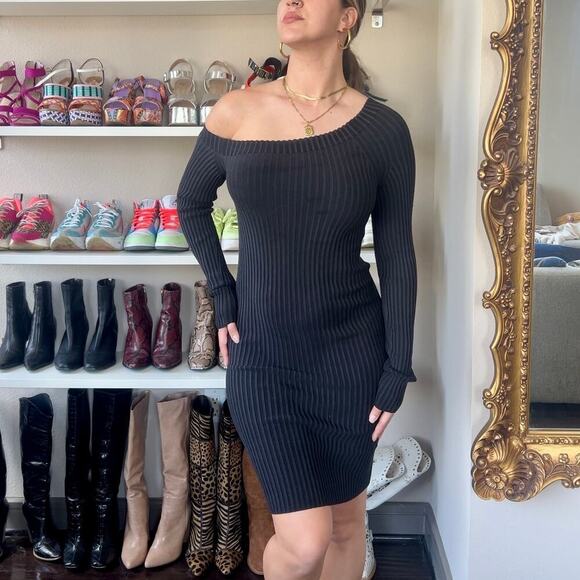 Helmut Lang Black Ribbed Dress Asymmetrical Neckline Size L - Picture 1 of 6